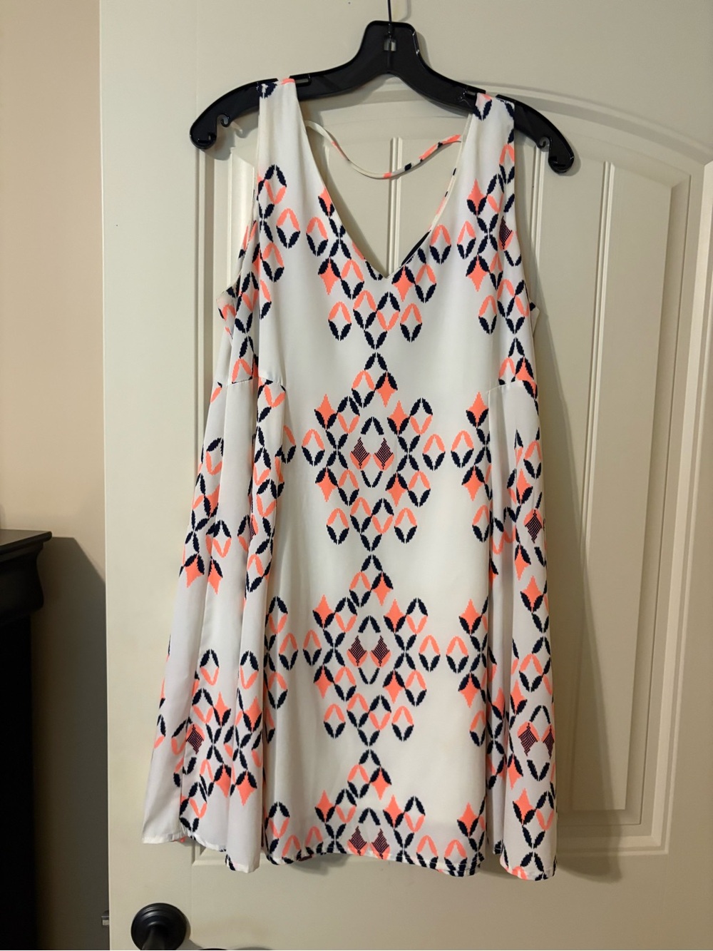 fab'rik White Mini Dress with Coral & Navy Geometric Print